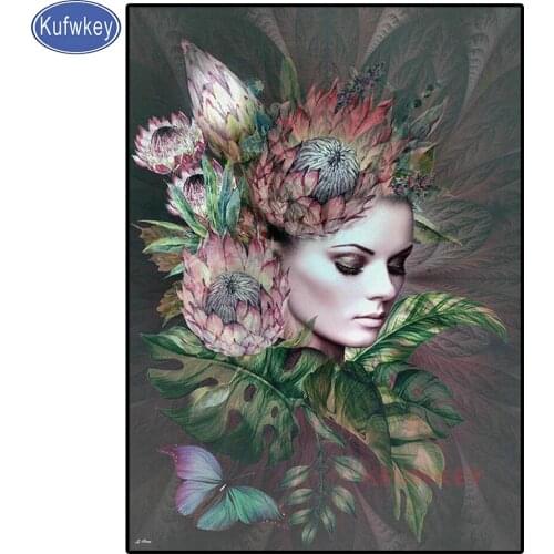 Full Square Round Green Leaves Flower woman Diamond Embroidery DIY Diamond Painting Cross Stitch kit Fairy Girl mosaic Room Art