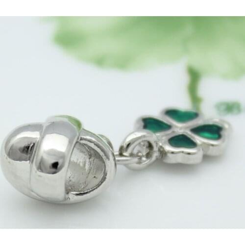 Free shipping Classic Green Clover Pendant Plant Charm Beads fit Pandora Bracelet Womens Holiday Gifts
