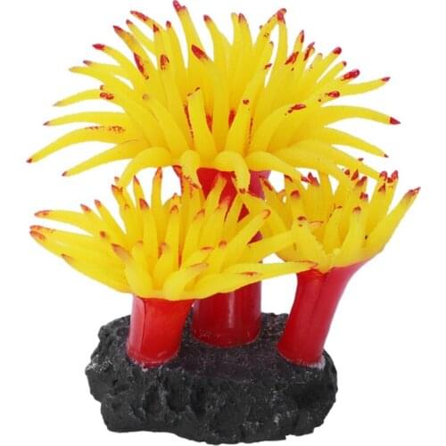 Concrete Base Silicone Coral Anemone Aquarium Plant Decoration, Yellow