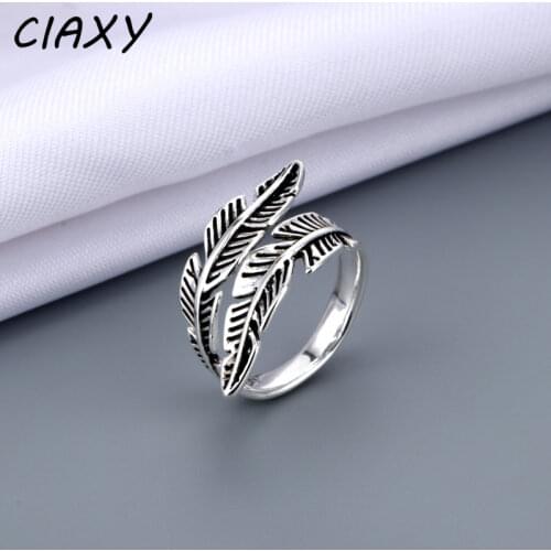 CIAXY 925 Sterling Silver Retro Feather Rings for Women Boho Cute Elegant Adjustable Ring Thai Silver Fine Jewelry Party Gifts