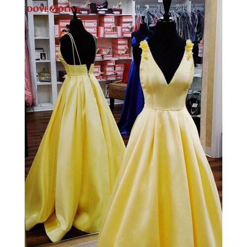 Elegant Yellow Satin Long Prom Dress Satin V Neck Sleeveless Floral A Line Evening Gowns Formal Party sukienki wizytowe abiti