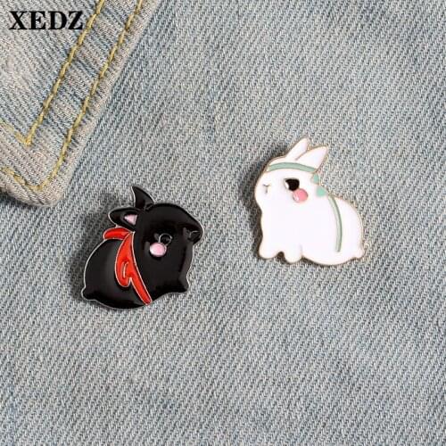 XEDZ black and white rabbit sister enamel pins pink sad turban pet rabbit cartoon animal pushpin fun jewelry punk lapel brooch