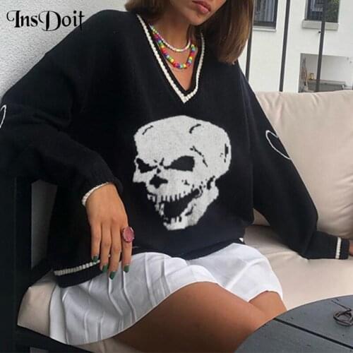 InsDoit Gothic Harajuku Black Sweater Women Streetwear Punk Print Long Sleeve Loose Sweater Autumn Aesthetic Fashion Tops 2021