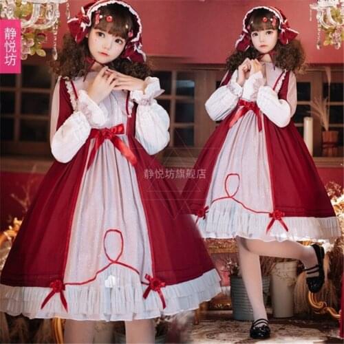 Girls Kawaii Lolita OP Dress Japanese Style Princess Tea Party Sweet Lolita Cosplay Costume Long Sleeve Bowknot Cute Loli Dress