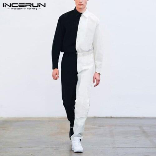 Men Leisure Jumpsuit INCERUN Long Sleeve Lapel Neck Overalls Fashion Patchwork Cargo Romper Man Button Personality Joggers 5XL 7