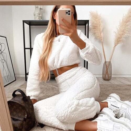 Two Piece Set Casual Furry Crop Sweatshirt Top and High Waisted Joggers Women Pants Tracksuit Women Outfits Autumn Winter Female