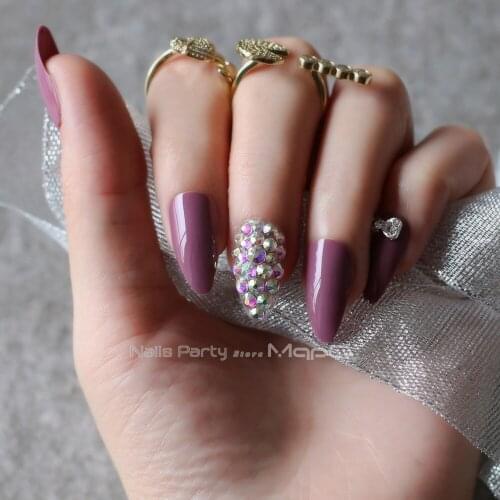 Mable Card Brown full crystal UV nails bow flower fake nails nude almond full set 26pcs Stiletto Fake nails