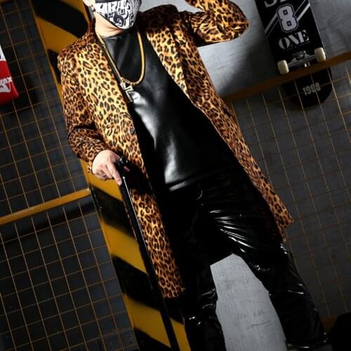 Leopard Grain Host Stage Costume Men Long Coat Hip Hop Costume Jazz Costume Nightclub Suit Street Dance Wear Dance Wear VDB1915