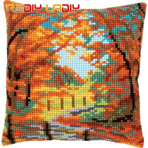 Cross Stitch Cushion Cover Autumn Landscape Pillow Case Pre-Printed Canvas Acrylic Thick Yarn Arts Cross-stitch Needlepoint Kits