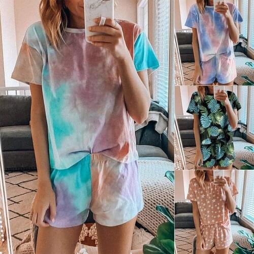 Summer New Casual Short-sleeved Shorts Pajamas Women Tie-dye Cute Pajamas Star Print Round Neck Large Size Loose Home Service