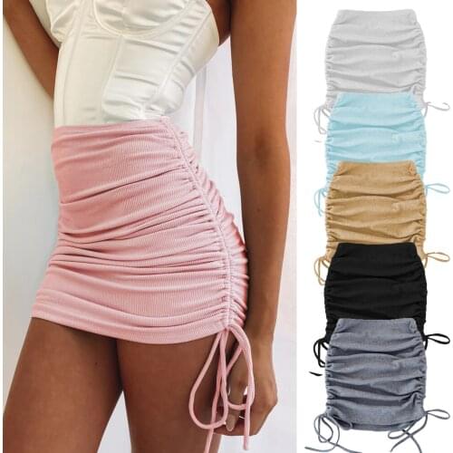 Fashion Sexy Knitted Thread Pocket Hip Skirt Slim Side Drawstring Elastic Pleated Adjustable Skirt Summer 2021 Womens Clothing