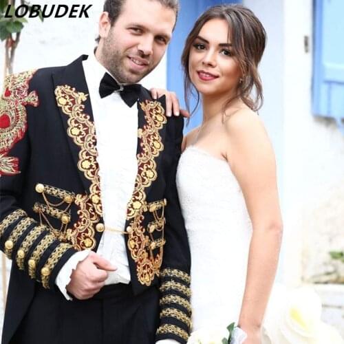 Male long black tuxedo jacket blazer coat Magic prom wedding groom party dress married formal singer performance show stage bar