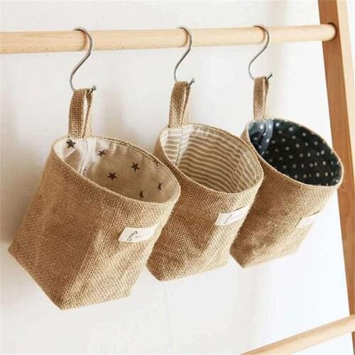 Small Sack Sundries Storage Box With Handle Cosmetic Storage Bagjute Cotton Linen Bag Desktop Storage Basket Hanging Pocket