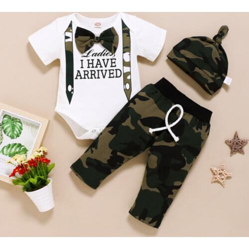 Newborn Baby Boy Clothes Letter Print Romper Tops Camouflage Long Pants Camo Hat Outfits Clothes Set