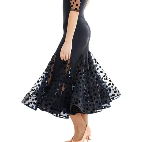 New Ballroom Dress Latin Dance Skirt Women Black dots Sexy Mesh Fringe Skirts Ballroom Dance Costume Practice