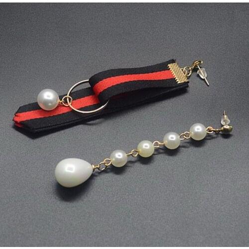 New Woman Drop Earrings Classic Plaid Stripe Ribbon Cute Dangle Asymmetric Long Pearl Earrings Fashion Jewelry