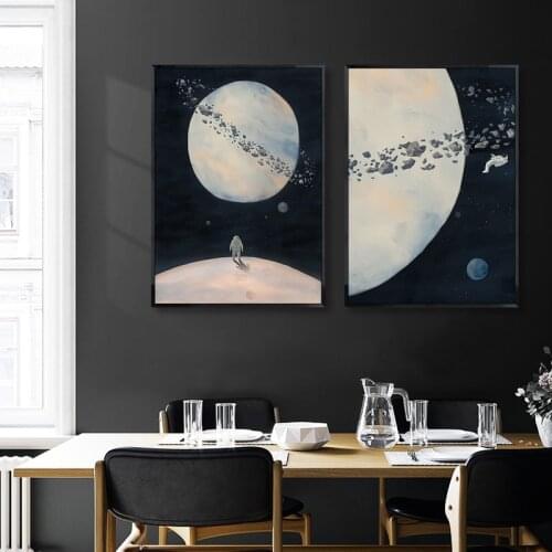 Space Poster Moon Universe Planet Astronaut Canvas Painting Nordic Black White Wall Art Pictures Modern Living Room Home Decor