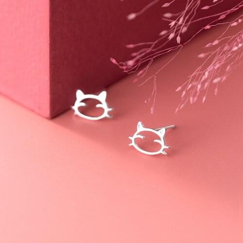 Real 925 Sterling Silver Hollow Cat Stud Earrings For Fashion Women Fine Jewelry Cute Animal Minimalist Accessories