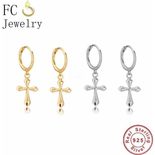 925 Sterling Silver Gold Plate Punk Style Cartilage Cross Zircon Piercing Hoop Earring For Women Pendientes Party Brincos 2021