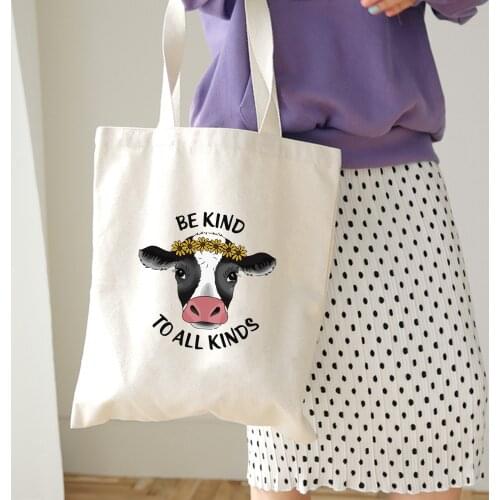 Vintage Print Tote Shopping Bag Ulzzang Cartoon Cows Canvas Handbag Cottagecore Aesthetics Female Vegan Shoulder Bags Large Bag