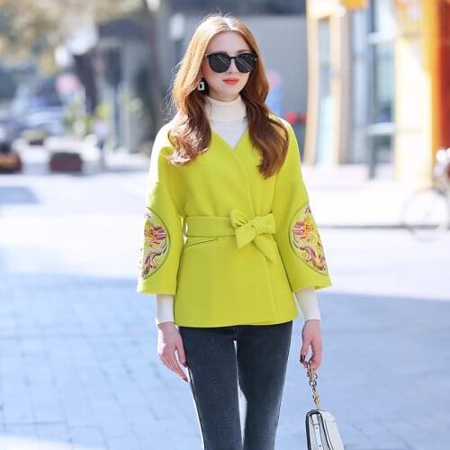 Christmas Wool Jacket Autumn Vintage Coat Women Luxurious Embroidery Dragon Style Elegant Lady Loose Coat Female S-XXL