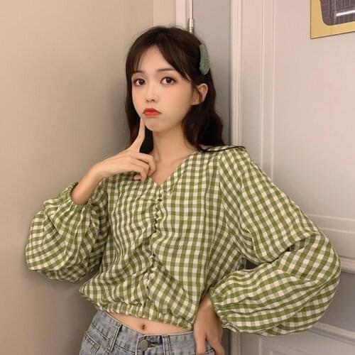 Women Summer Tshirt Kawaii Vintage Lovely Vintage V-neck Long Sleeve Plaid Shirt Female Sweet Harajuku Tunic For Womens Top