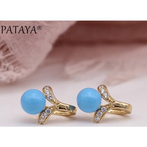 PATAYA New 585 Rose Gold Earring Women Fashion Round Turkish Blue Shell Pearls Jewelry Coral Red Natural Zircon Dangle Earrings