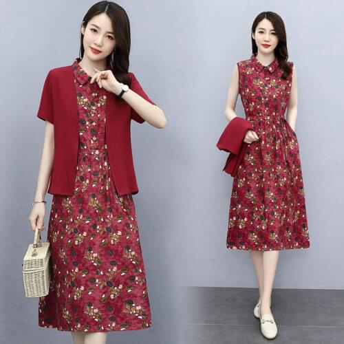 Two-Piece Cotton And Linen Dress Summer 2021 New Womens Temperament Chic Slim Sleeveless Floral Linen Suit Dress + Tops zh1258