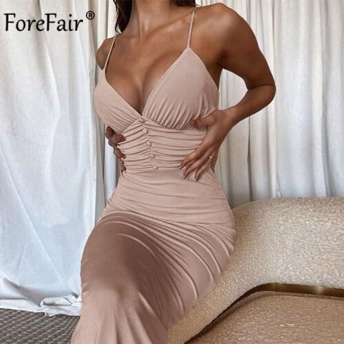 Forefair Ruched Sexy Slip Women Long Bodycon Dress 2021 Summer Fashion Elegant Backless Sleeveless Club Party Dresses Outfits