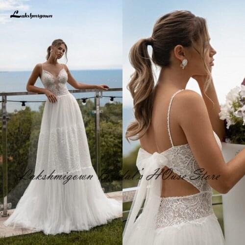 Vestito Sposa Simple Boho Wedding Dress Beach 2022 Robes Bridal Civil Wedding Dresses Beaded Spaghetti Straps Sheer Lace Bodice