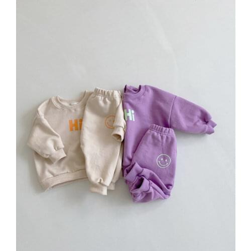 7595 Kids Clothing Set 2021 Spring And Autumn Boys Suit Smiley Face Sweatershirt+Sports Pants Girl Two Piece Suit School Unifor