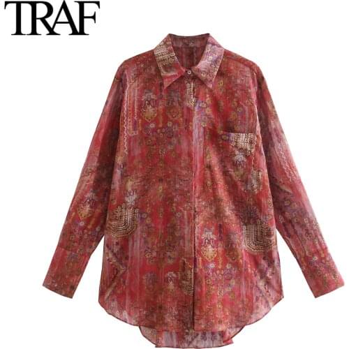 Traf Za Women Fashion Fall 2021 Printed Vintage Loose Long Sleeved Blouses Red Button Up Shirt Chic Office Ladies Tops