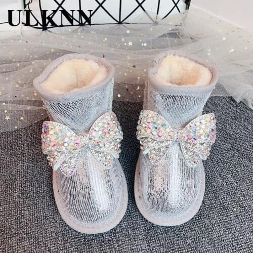 ULKNN Children Winter Boots For Girls Cute Rhinestone Bowknot Anti Slip Short Boots Plus Velvet Warm Cotton Shoes