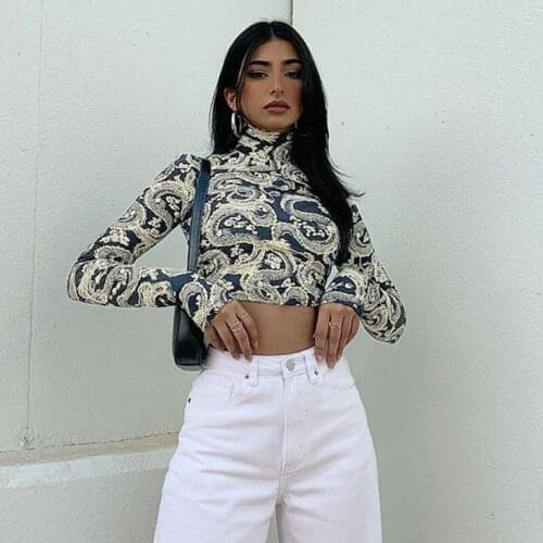 2021 Womens Stylish Dragon Printed Crop Tops Long Sleeve High Collar Slim T-shirt Fashion Trend Skinny Tees for Spring Autumn
