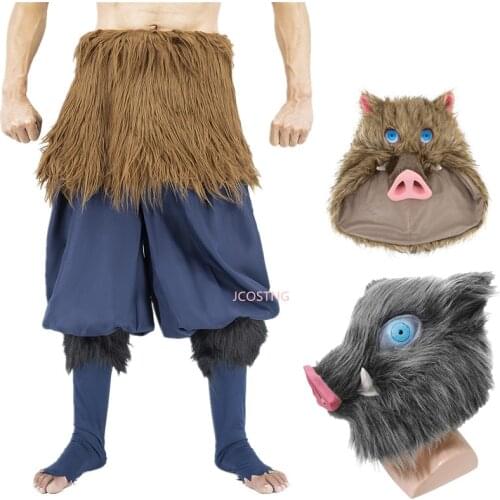 Hashibira Inosuke Demon Slayer Kimetsu No Yaiba Cosplay Costume Male Female Halloween Pants Wool Skirt Pig Head Mask Latex Mask