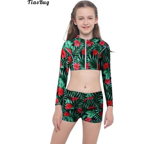 TiaoBug 4 To 14 Years Summer Kids Girls 2Pcs Swimsuits Long Sleeves Floral Printed Zipper Front Top With Boyshorts Bottoms Sets