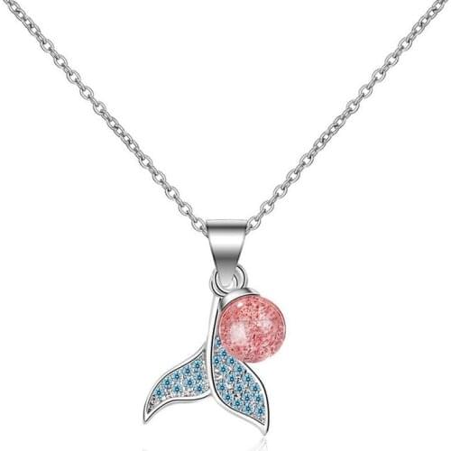 Cute Blue Zirconia Whale Tail & Crystal Stone Pendant Necklaces Exquisite Silver Color Choker Necklaces for Women Christmas Gift