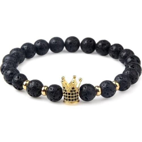 Trendy Micro Pave CZ Skull Head Helmet Imperial Crown Charm Natural Lava Stone Bracelet For Men Women Bracelet Jewelry Gift