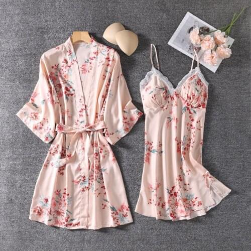 Bride Robe Gown Sets Womens 2pcs Satin Nighty Bathrobe Sleep Suit Sexy Summer Lace Kimono Sleepwear Print Lounge Nightgown