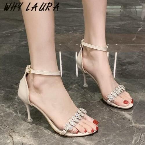 New 2021 summer high heel, thin heel, rhinestone, buckle, fairy peep-toe, versatile, comfortable, stylish womens Roman Sandal