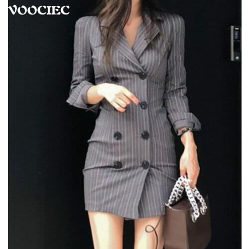 VOOCIEC 2020 Autumn Korean fashion Elegant temperament Commuter style slim stripe dress Suit dress