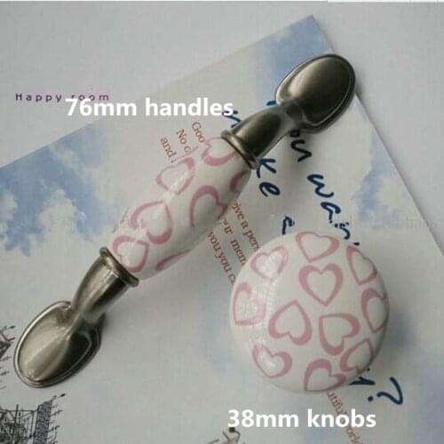 Pink love heart ceramic drawer cabinet handle 76mm stain silver dresser cupboard door pull 3' furniture decoration hardware pull