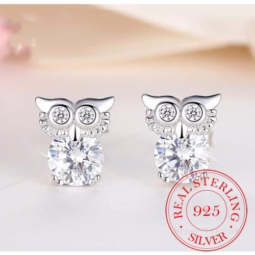 100% 925 Sterling Silver Piercing Crystal Owl Stud Earrings for Women 2020 Girls Wedding Party Gift Femme Jewelry pendientes