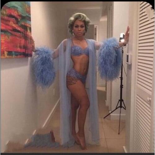 Blue Prom Gown Sexy Long Sleeves Robe Feathers Custom Made Photo Shoot Evening Gowns See Thru Robes
