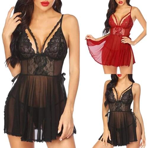 Sexy Dress Women Black Red Tempting Transparent Sexy Lingerie Suspender Nightdress Thong Set Porno Short Lace Lenceria Erotica p
