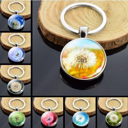 Flowers Jewelry Dandelion Pattern Double Side Glass Cabochon Pendent Keychain Fashion Keyring