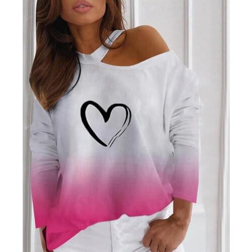 Heart Print Women T-Shirt Long Sleeve T-Shirt for Women Cold Shoulder Pullover Tops Ladies Loose Tee femme tshirts Streetwear