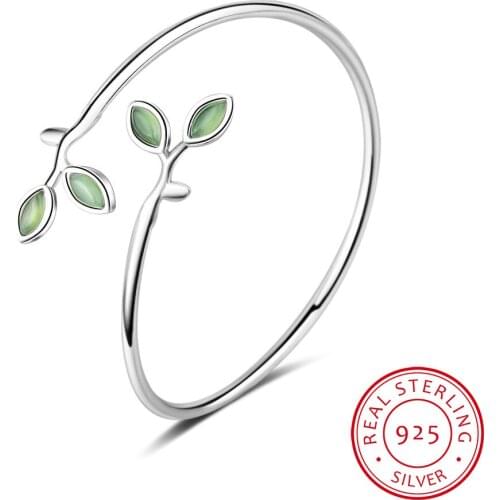 Genuine 100% 925 Sterling Silver Opal Leaves Buds Open Bracelets & Bangles for Women Fashion Creative Lady Jewelry