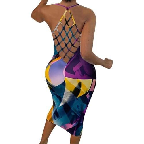 Tie Dye Print Halter Lace Up Backless Sexy Midi Dress Skinny Bodycon Pleated Stacked Long Dresses Women Elegant Vestidos