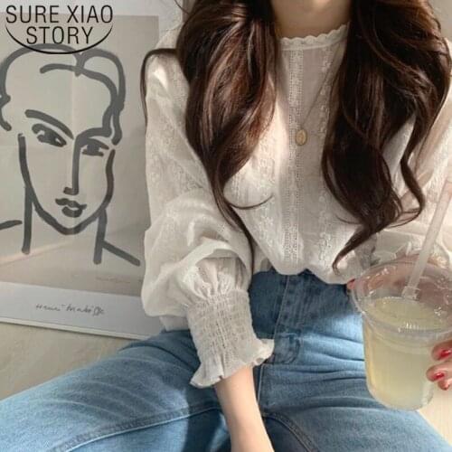 2021 Fashion Women Lace Blouses Long Sleeve White Women Tops Casual O-neck Floral Women Clothing Sweet Style 6137 50